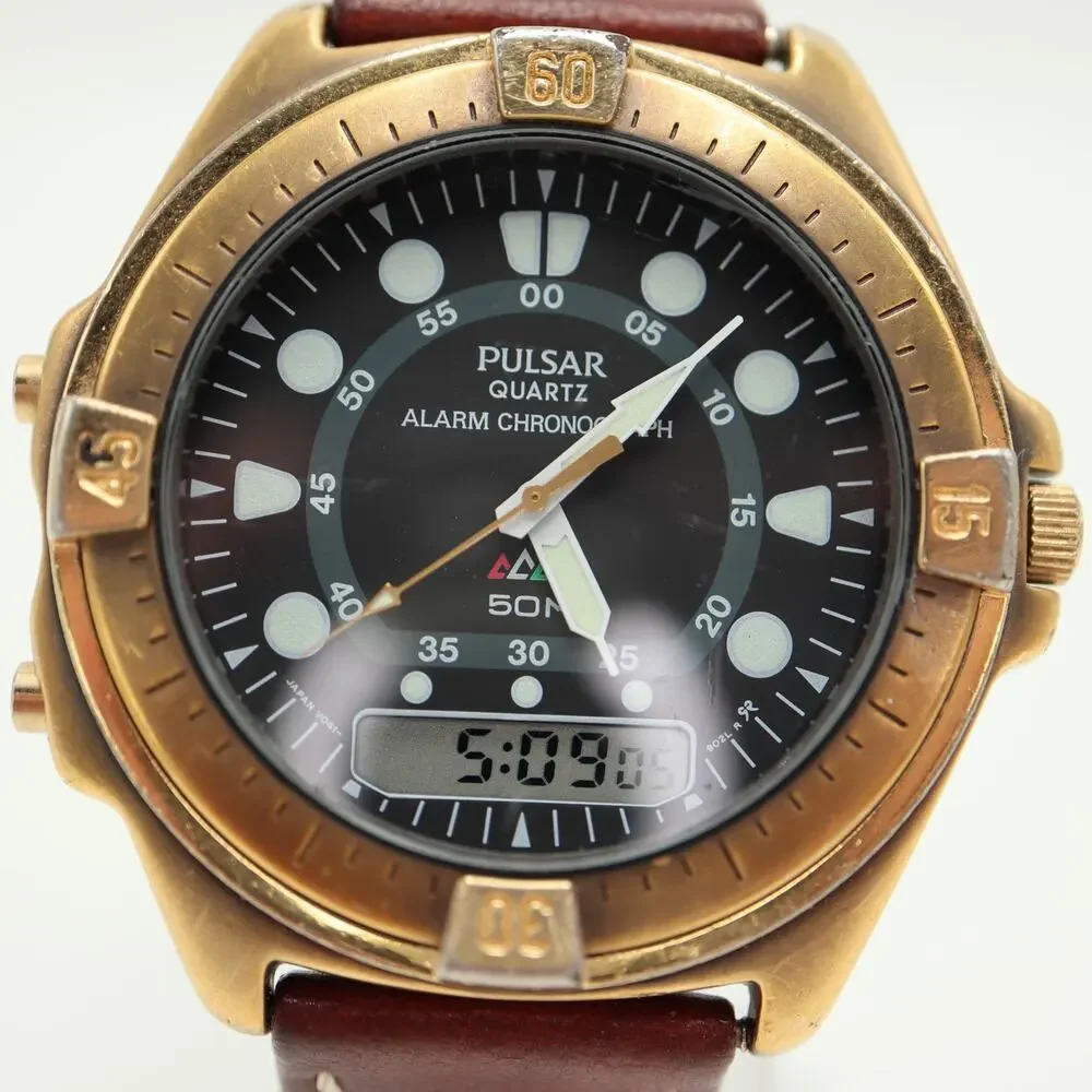 Pulsar Alarm Chrono Ana Digi 41mm Watch Brown Leather V014-9020 w New Battery